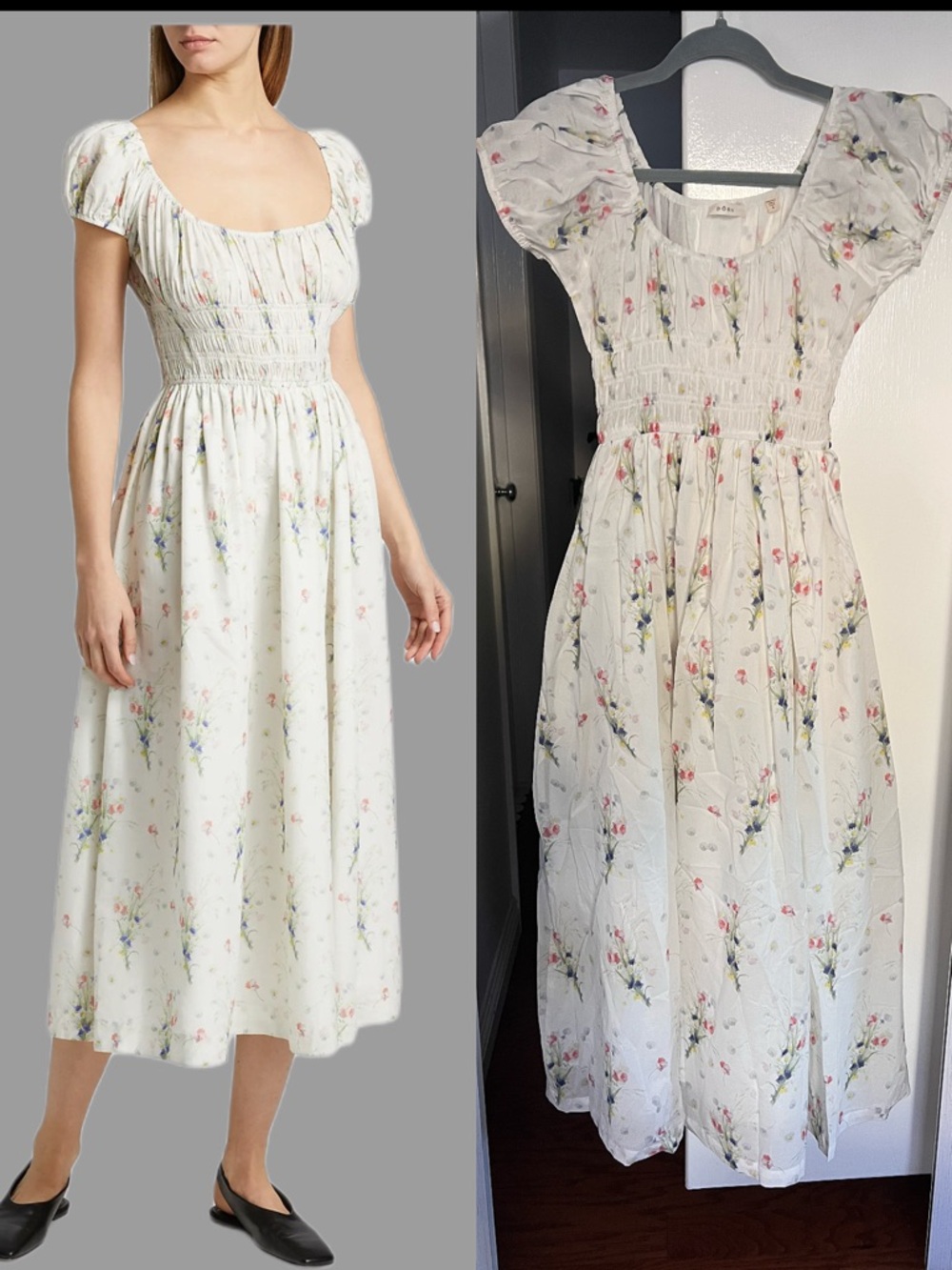 Doen Quinley Dress Painted Smocked Puff-Sleeve Midi Dress in Cream Floral,S